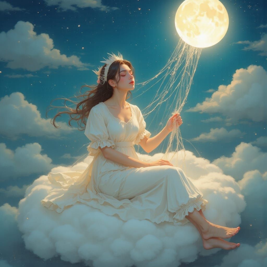 Young Woman Weaving Moon Threads on Cloud, Painterly Style