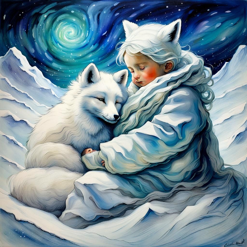 Baby and Fox in Blizzard, Alcohol Ink Style