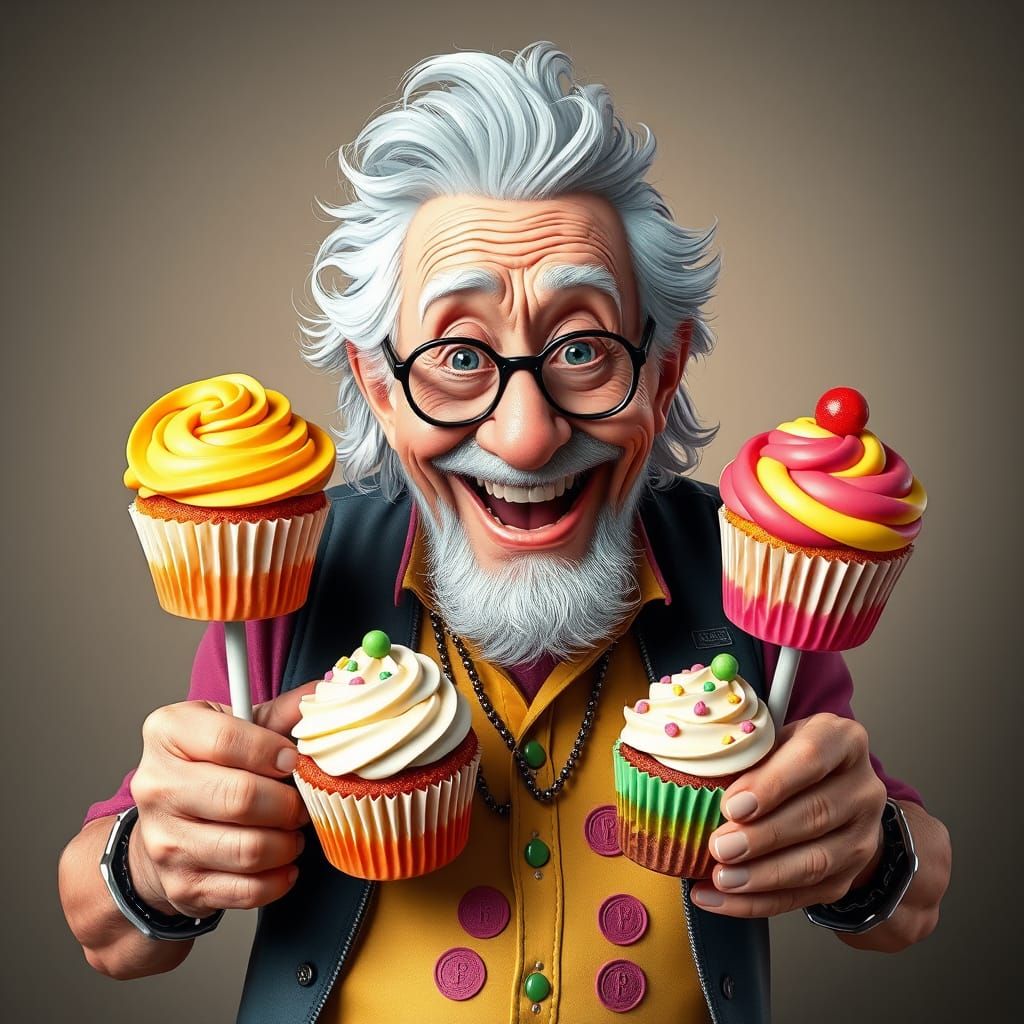 Happy 90-Year-Old Rocker with Cupcakes in Candy Art Style