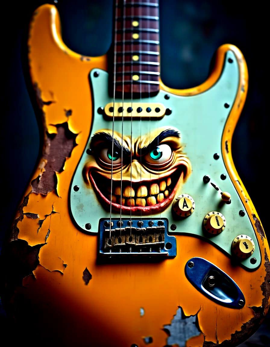 Mischievous Gremlin Guitar with Grimacing Mouth