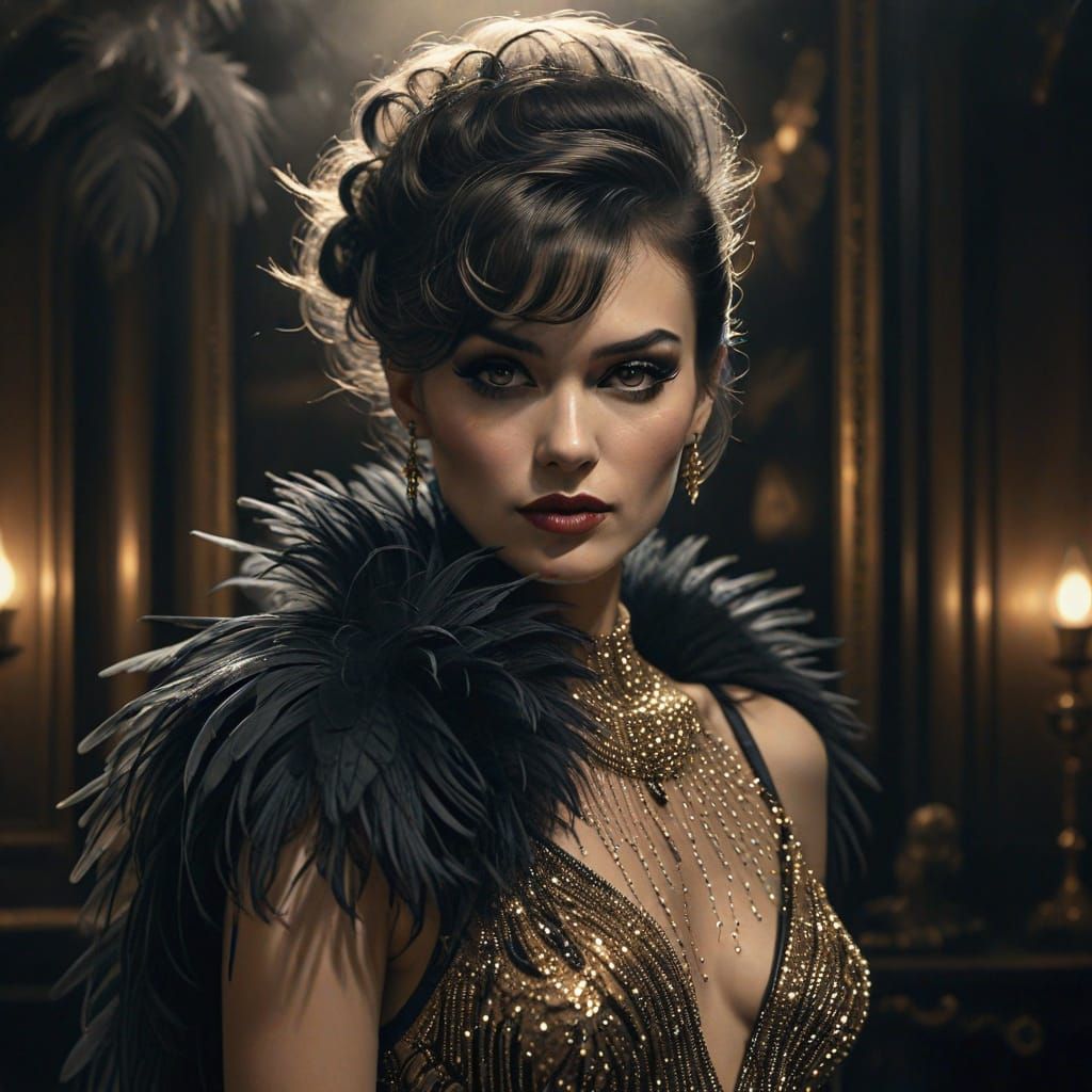 Cabaret Diva in Art Deco Charcoal Portrait