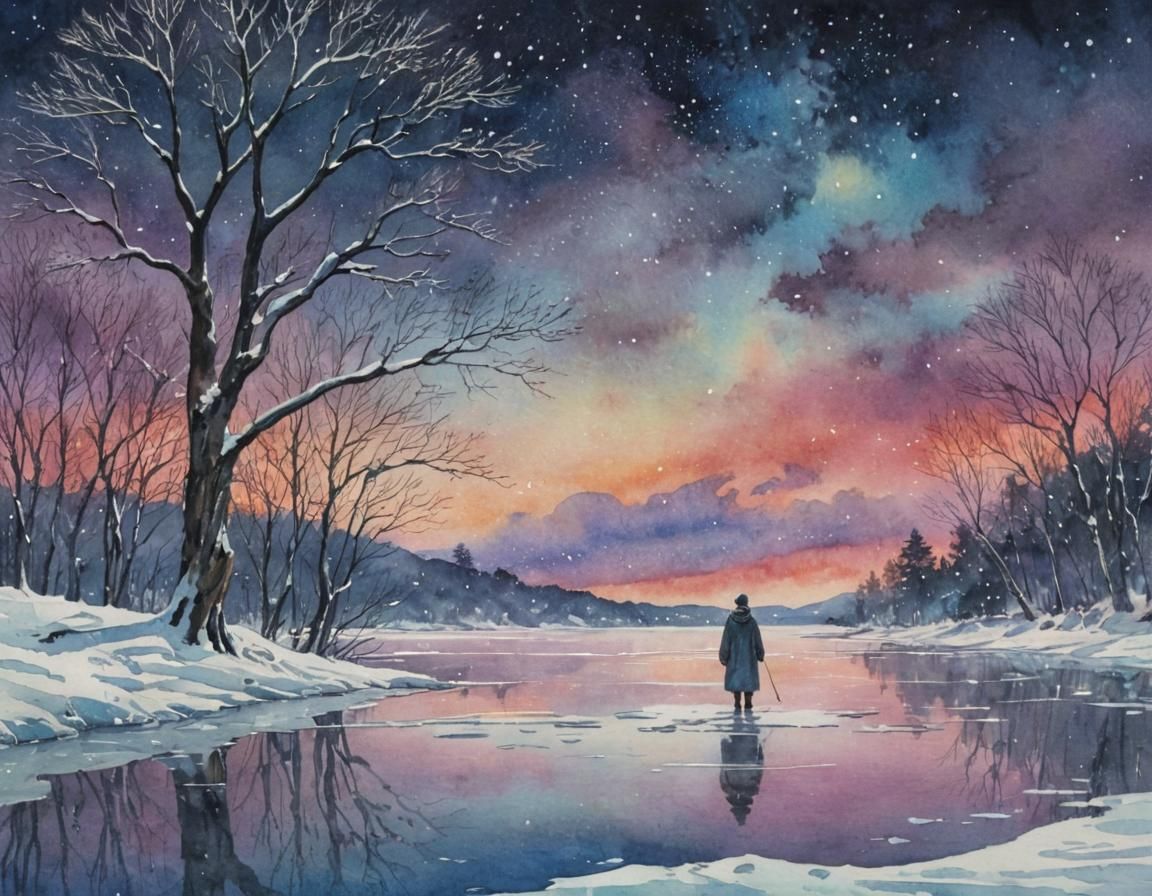 Surreal Watercolor Dreamscape with Lone Figure and Twisted T...