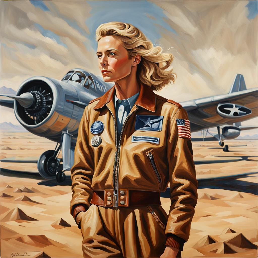 Woman Pilot in Desert, Photorealistic Oil Painting