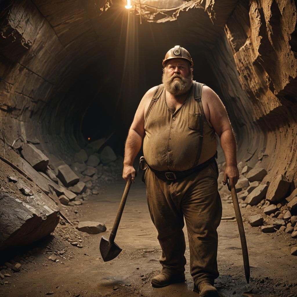 Hyperrealistic Miner in Dimly Lit Tunnel