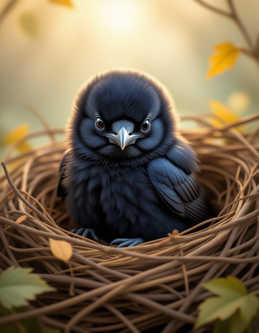 Photorealistic Baby Raven in Rustic Nest with Ethereal Mist