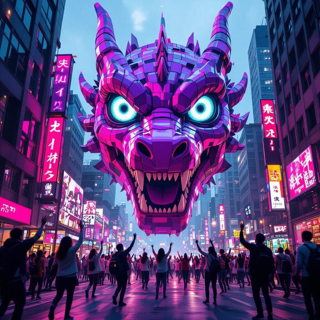 Surreal Titan in Dragon Head, Cyberpunk Cityscape