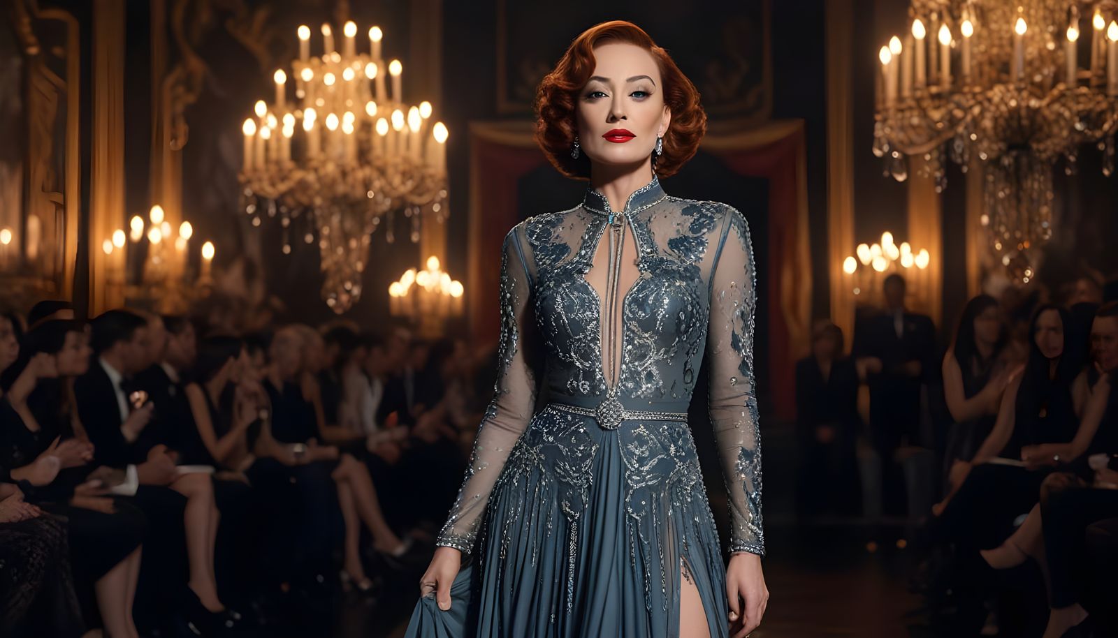 Joan Crawford in Asian-Inspired Gray and Silver Crepe de Chi...