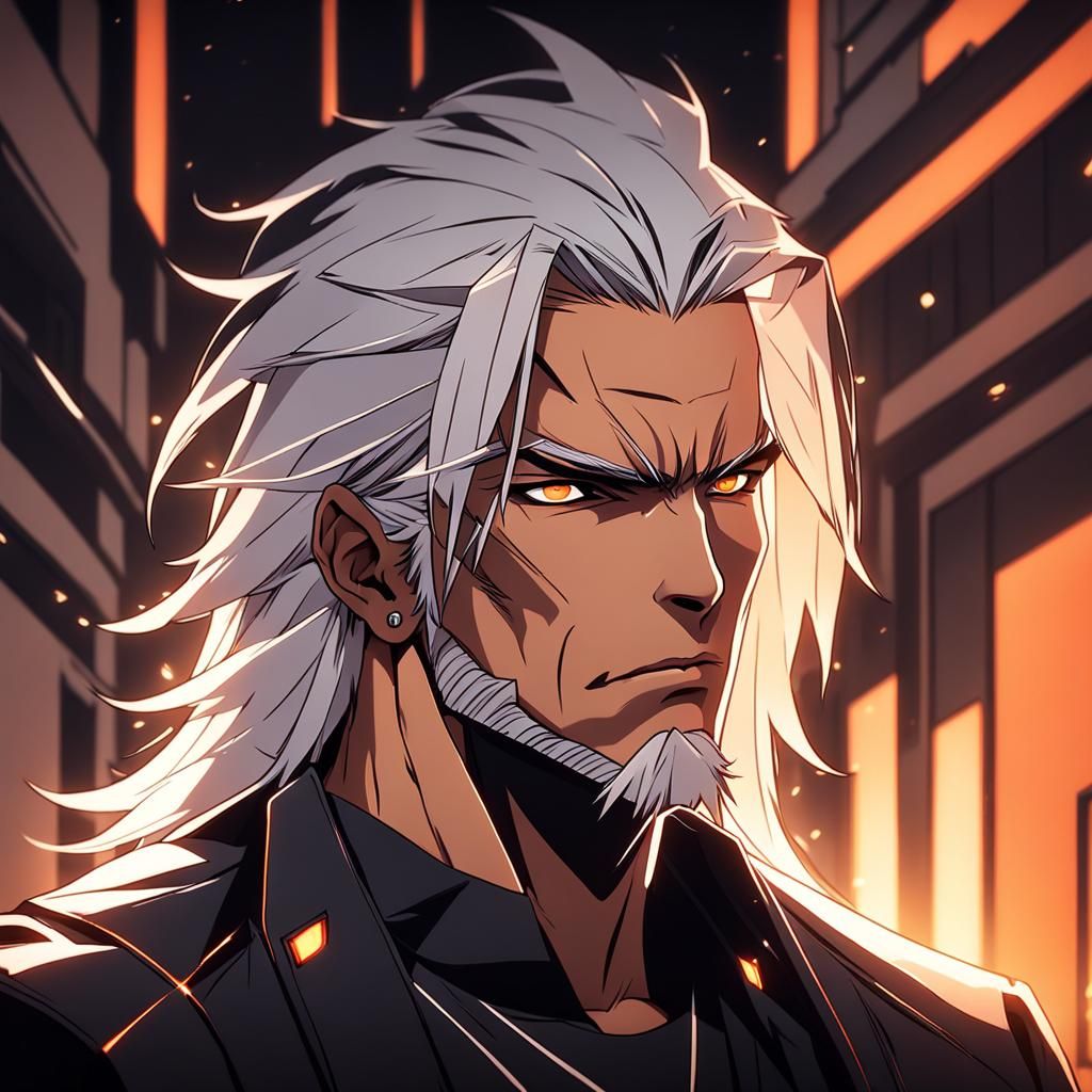 Anime Style Muscular Man in Night Lounge