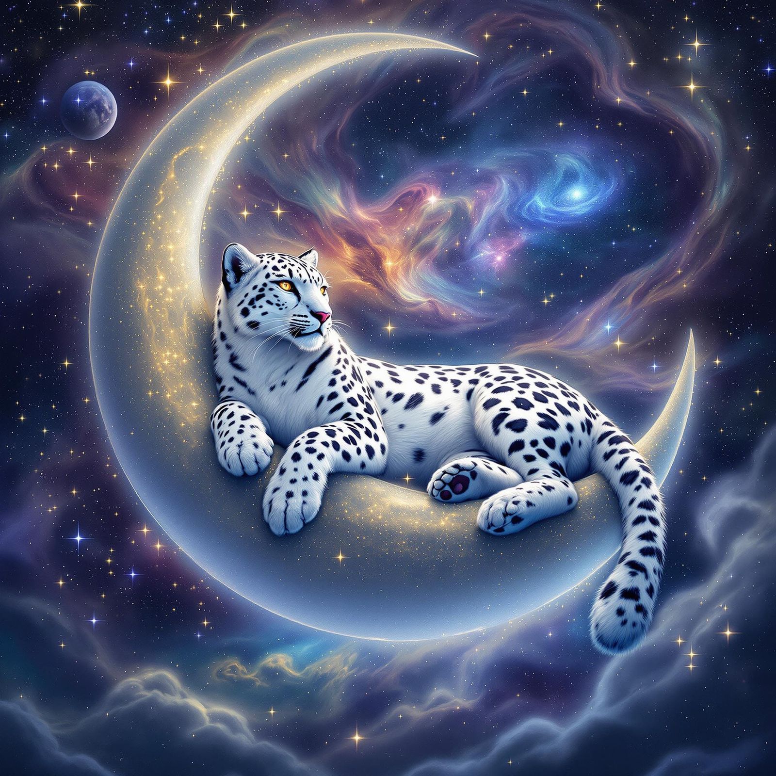 Celestial Snow Leopard Lounging on Crescent Moon