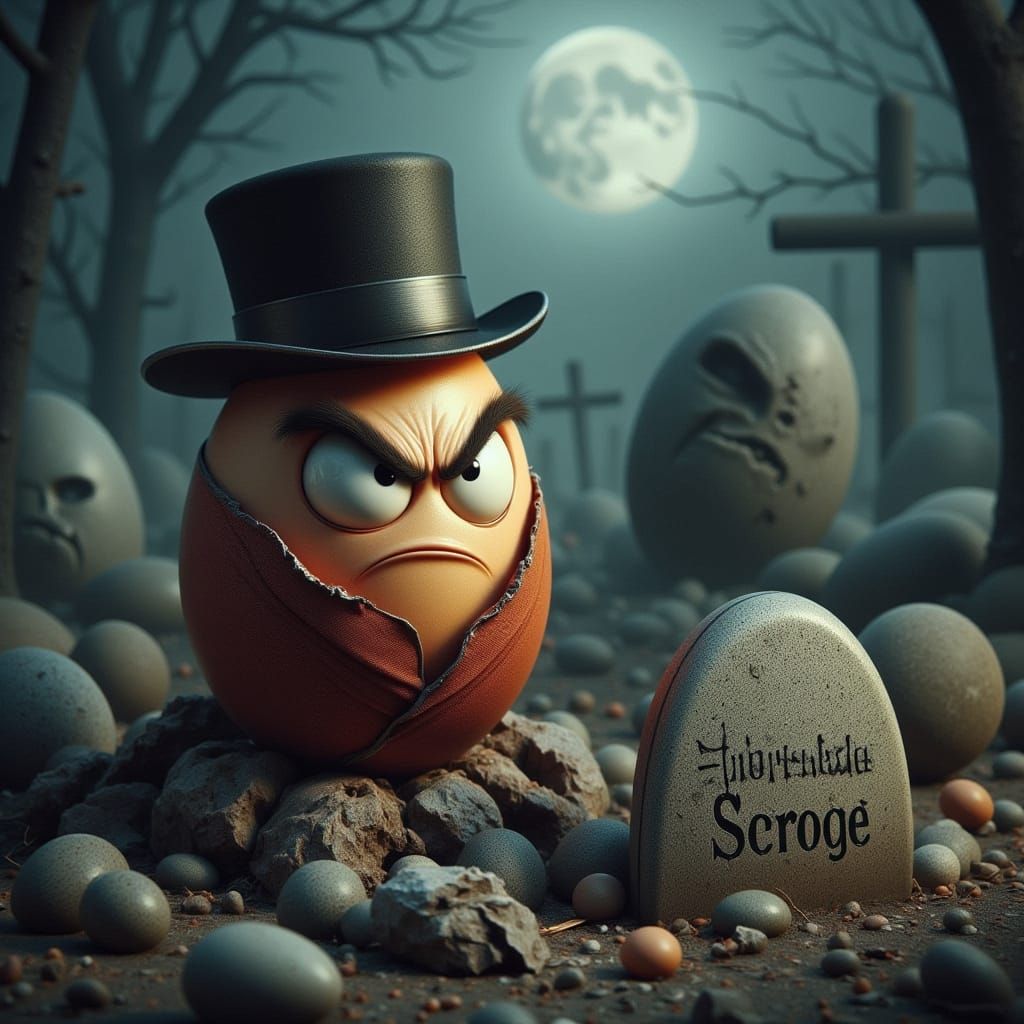 Ebenezer Scrooge as an Angry Egg in his dressing gown and cap, sitting in the cemetery looking at his own grave that say...