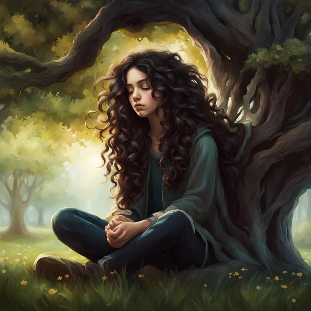 Girl Praying Under Oak Tree in Garden