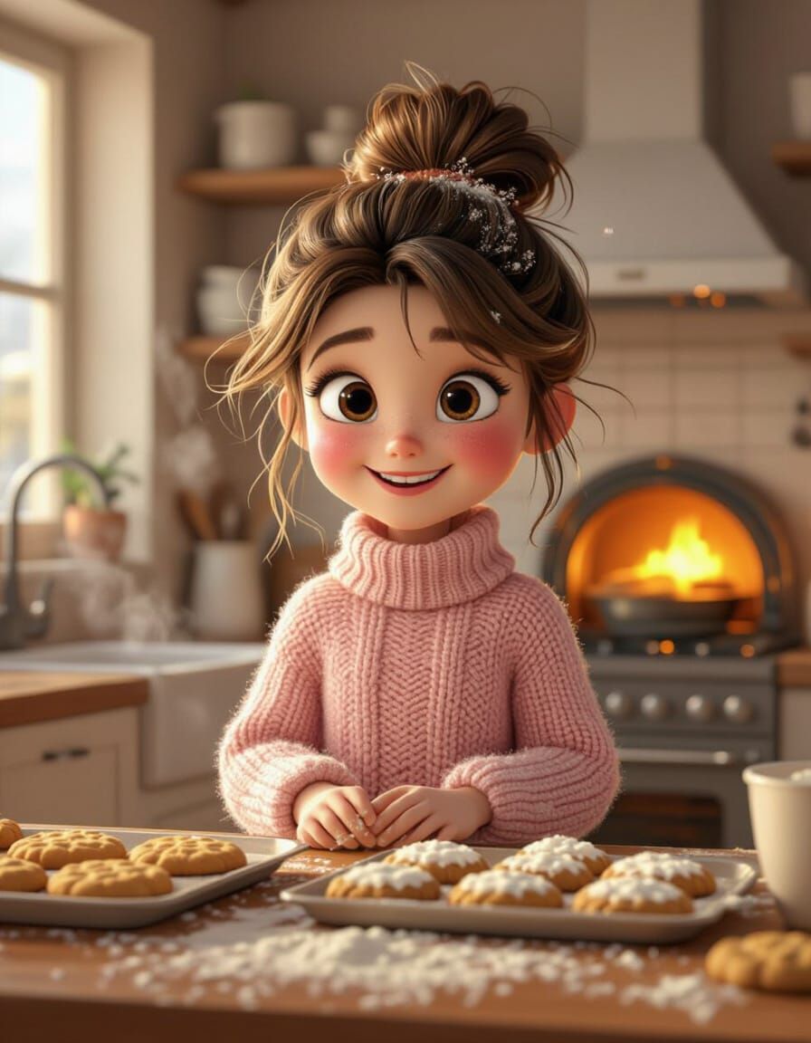 Cozy Kitchen Scene with Cheerful 3D Girl and Fresh Cookies