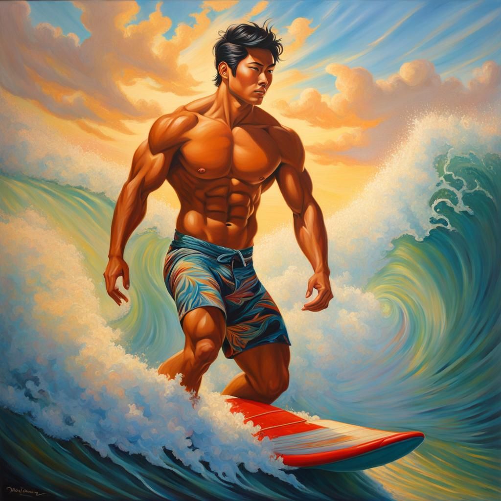 Muscular Surfer on Ocean Wave, Manga Style