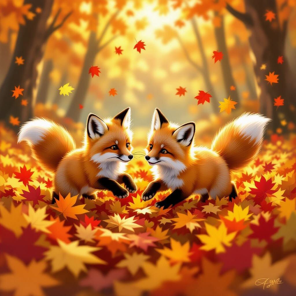 Fluffy Fox Kits Play in Autumn Leaves