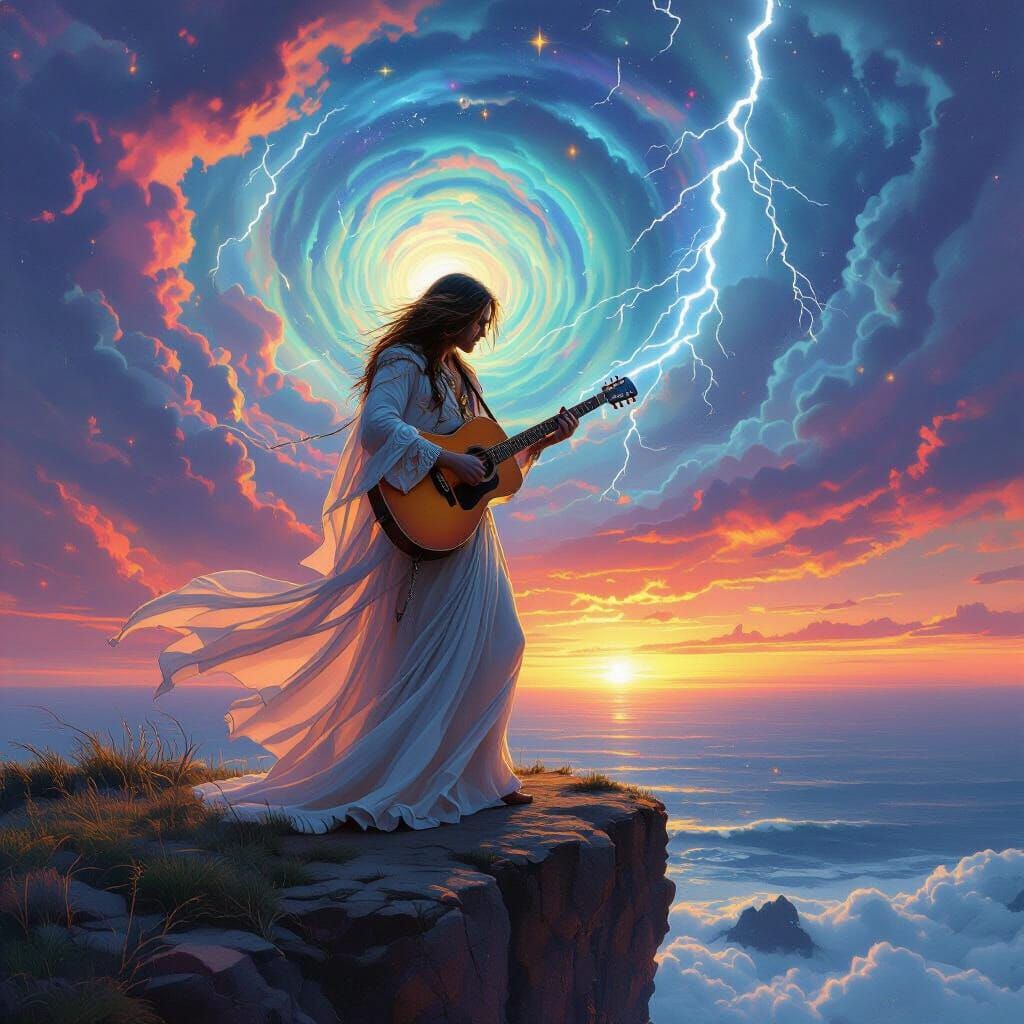 Ethereal Guitarist on Windswept Cliff: Cosmic Album Art