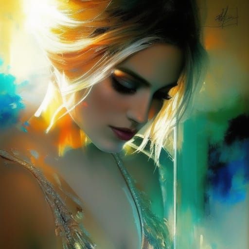 Blond Woman Portrait with Running Ink, Splash Art