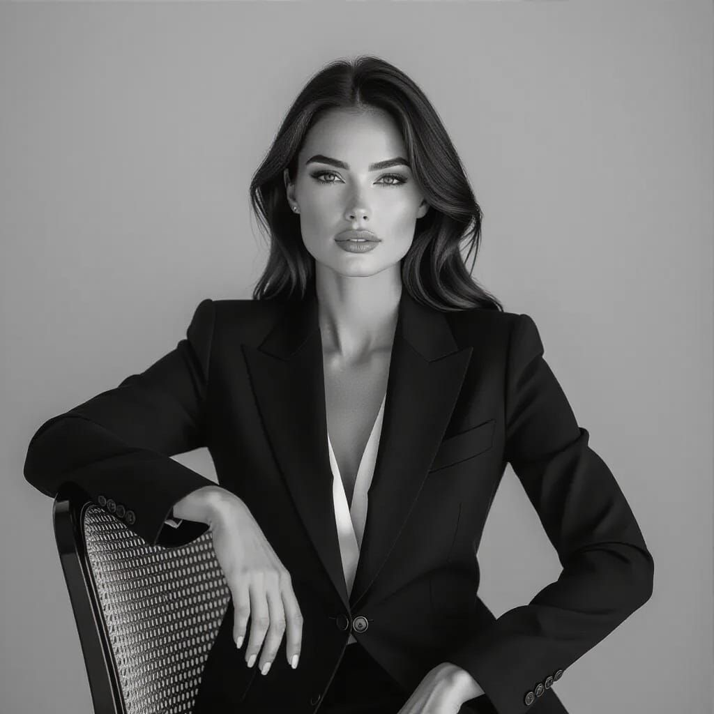Elegant Woman in Dark Suit Studio Portrait