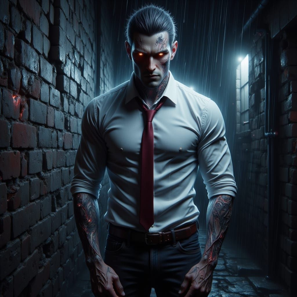 Vampire in Rain Against Brick Wall