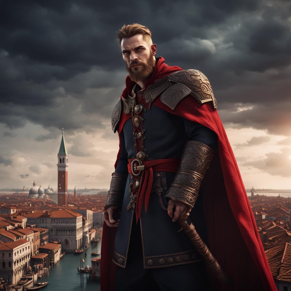 Viking Vampire Over Venice: Detailed Fantasy Portrait