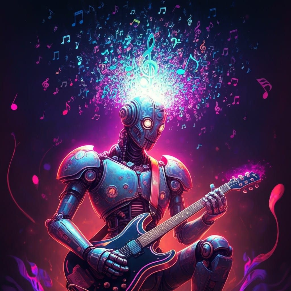 Robot Guitarist in Psychedelic Futuristic Style