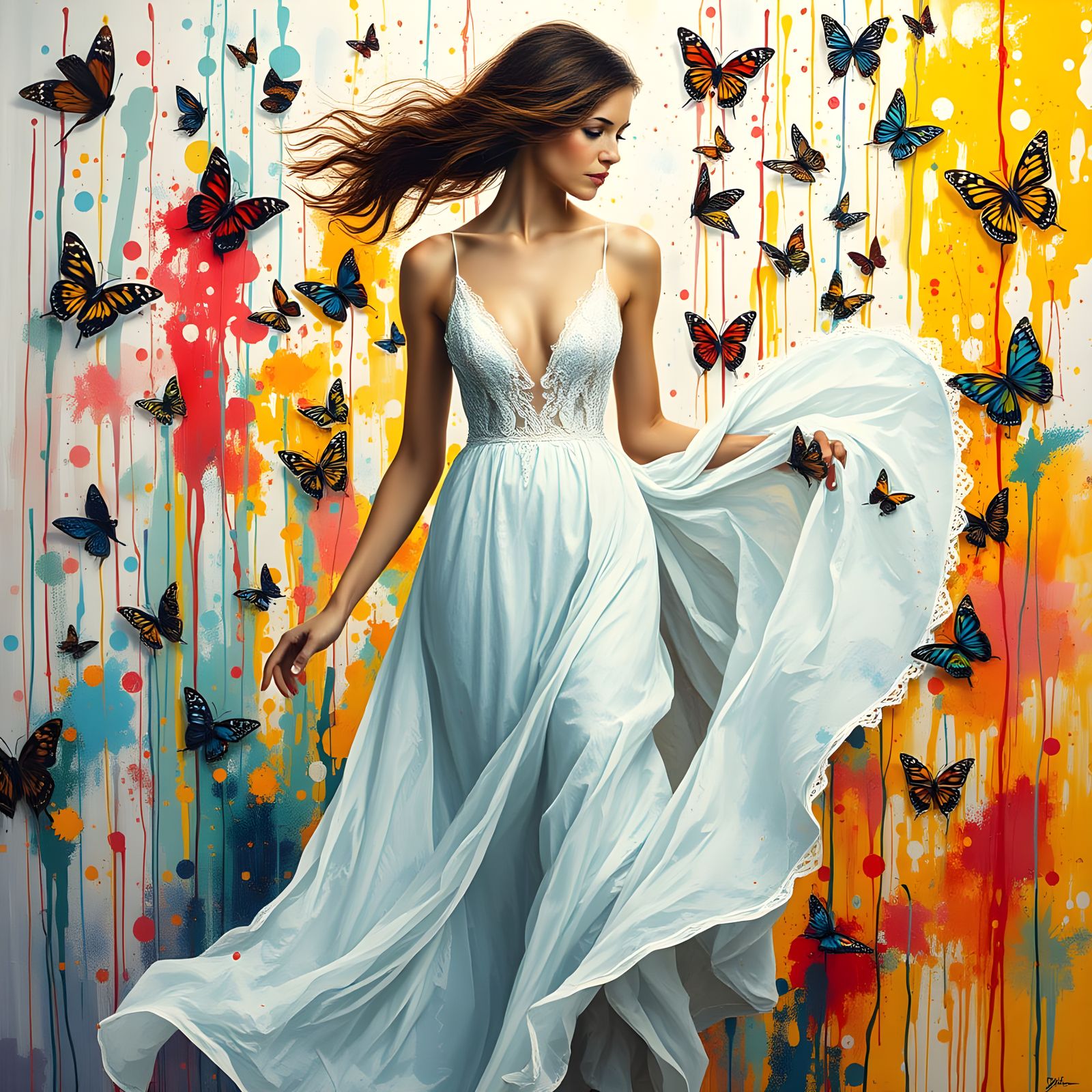 Woman in Vibrant Whirlwind of Butterflies and Abstract Expre...