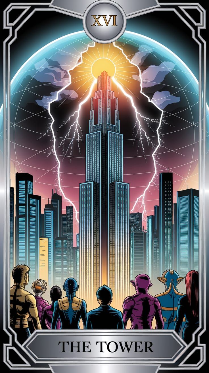 The Tower Tarot Card in Cyberpunk City
