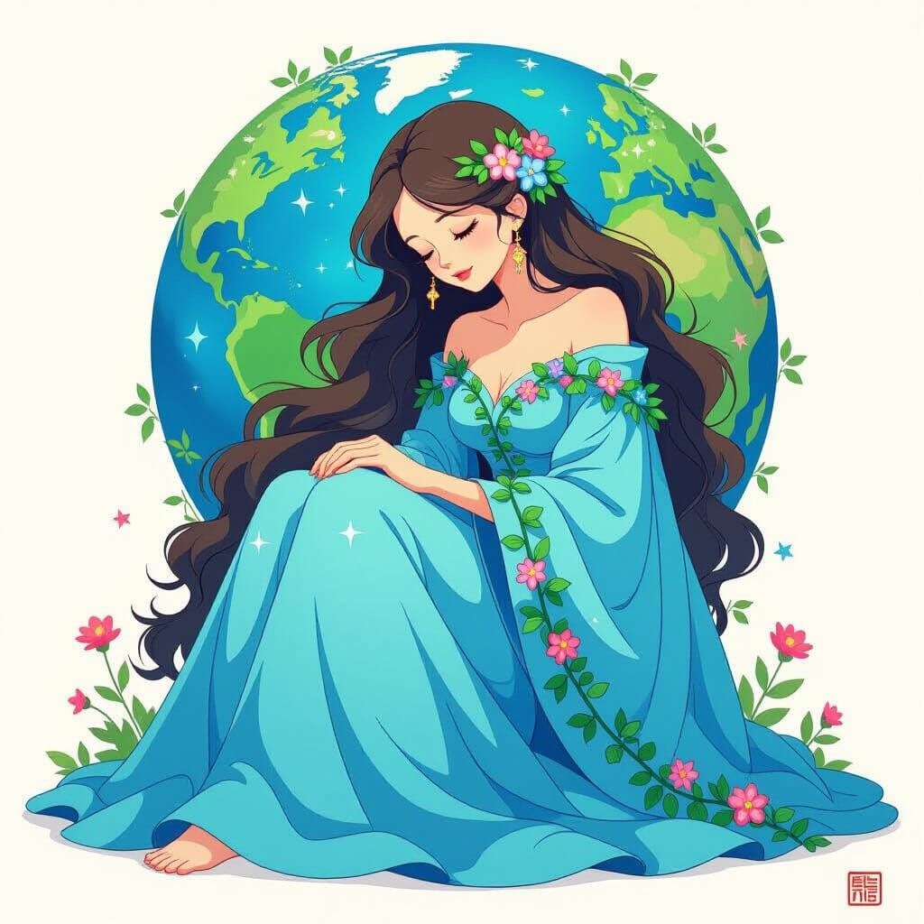 Earth as Sleepy Woman in Dreamy Art Style