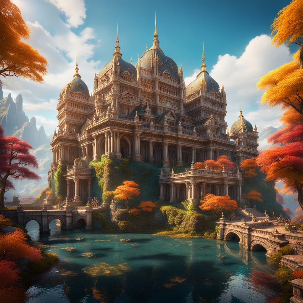 Colorful Landmarks and Palaces in Fantasy Landscape