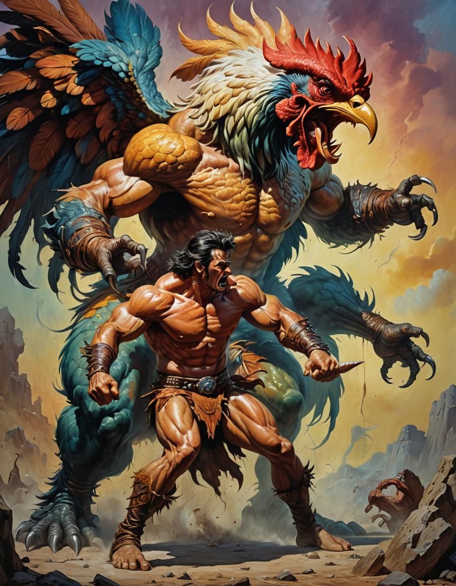 Man Versus Giant Chicken in Fantasy Airbrush Style