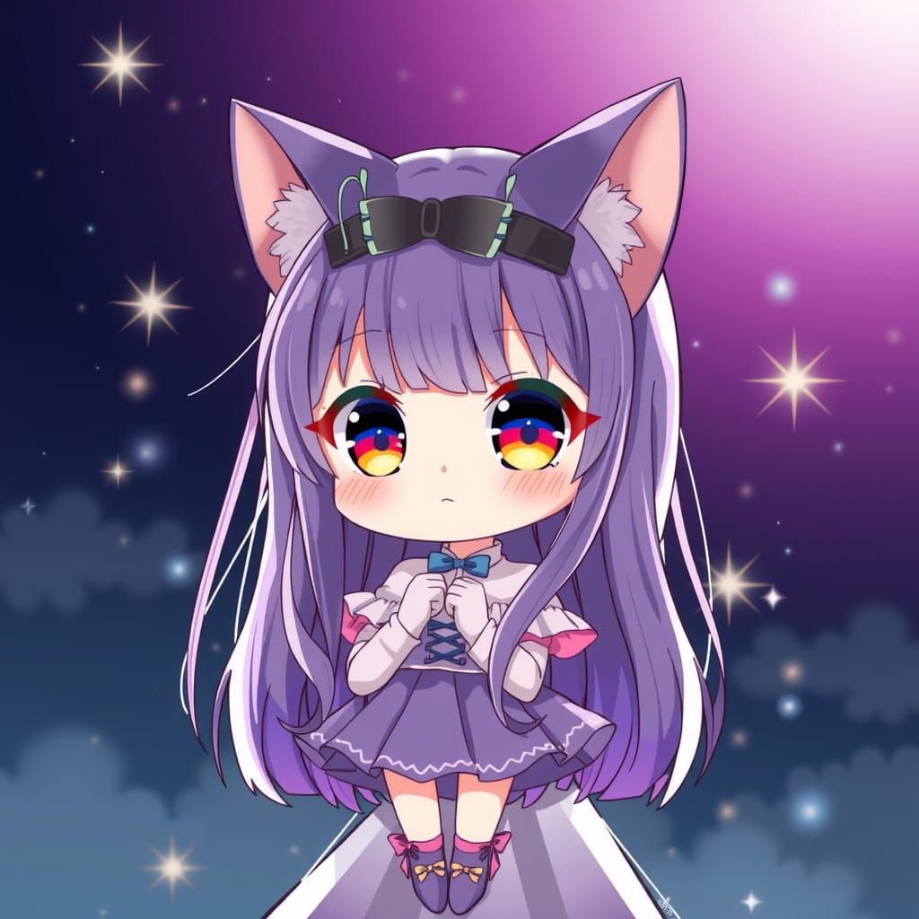 Rainbow Chibi Catgirl with Sparkling Eyes