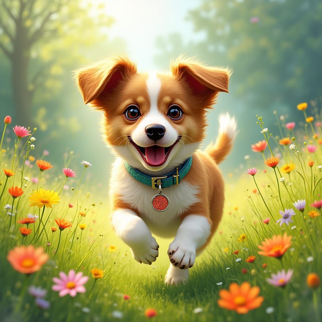 Whimsical Dog in a Lush Meadow