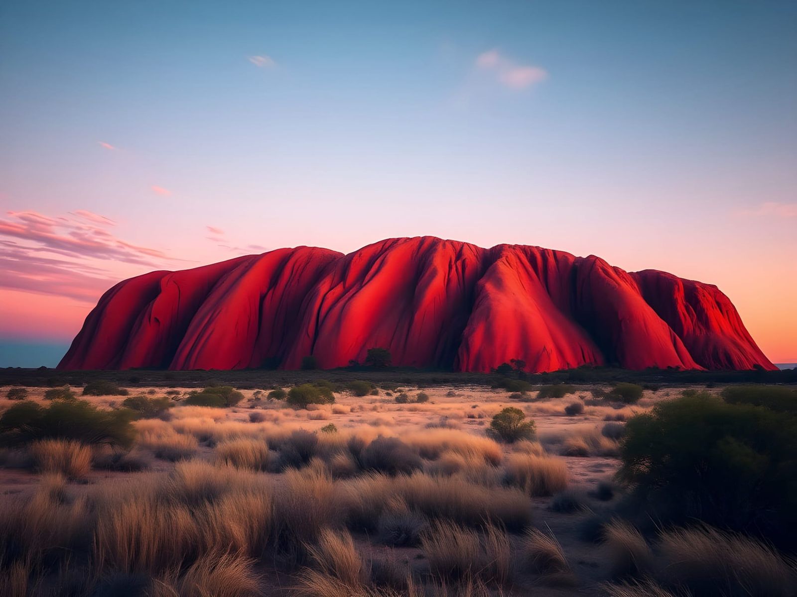 Surreal Sunset on Uluru, a Glowing Red Rock Formation