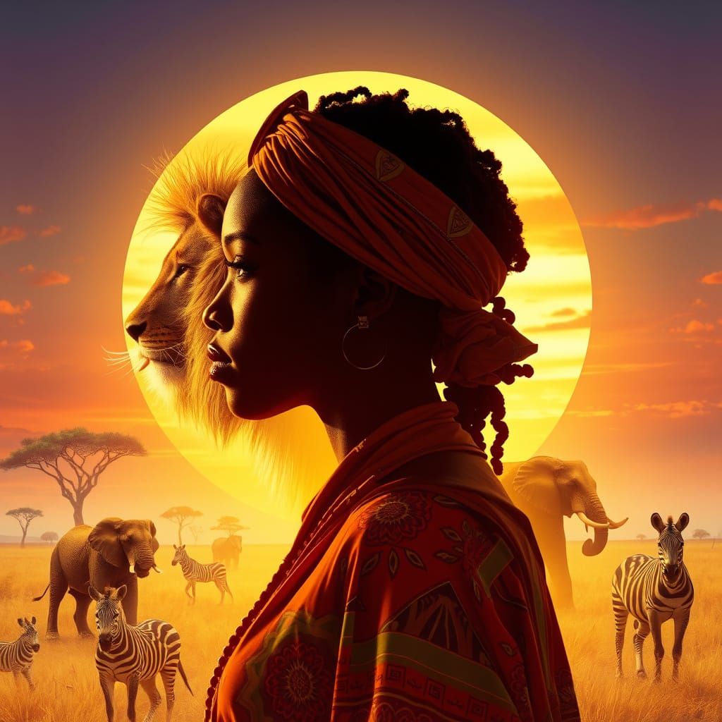 African Woman Silhouette on Golden Savannah