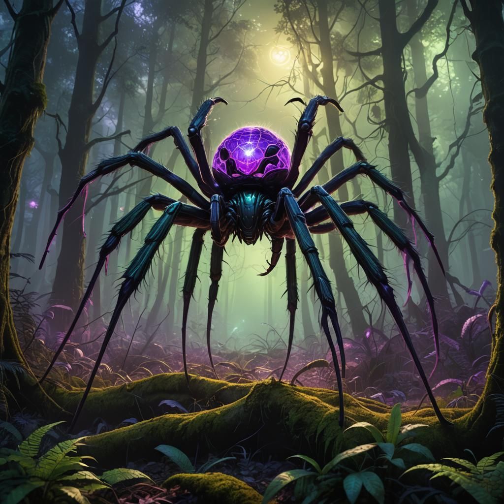 Giant Spider in Bioluminescent Forest Concept Art