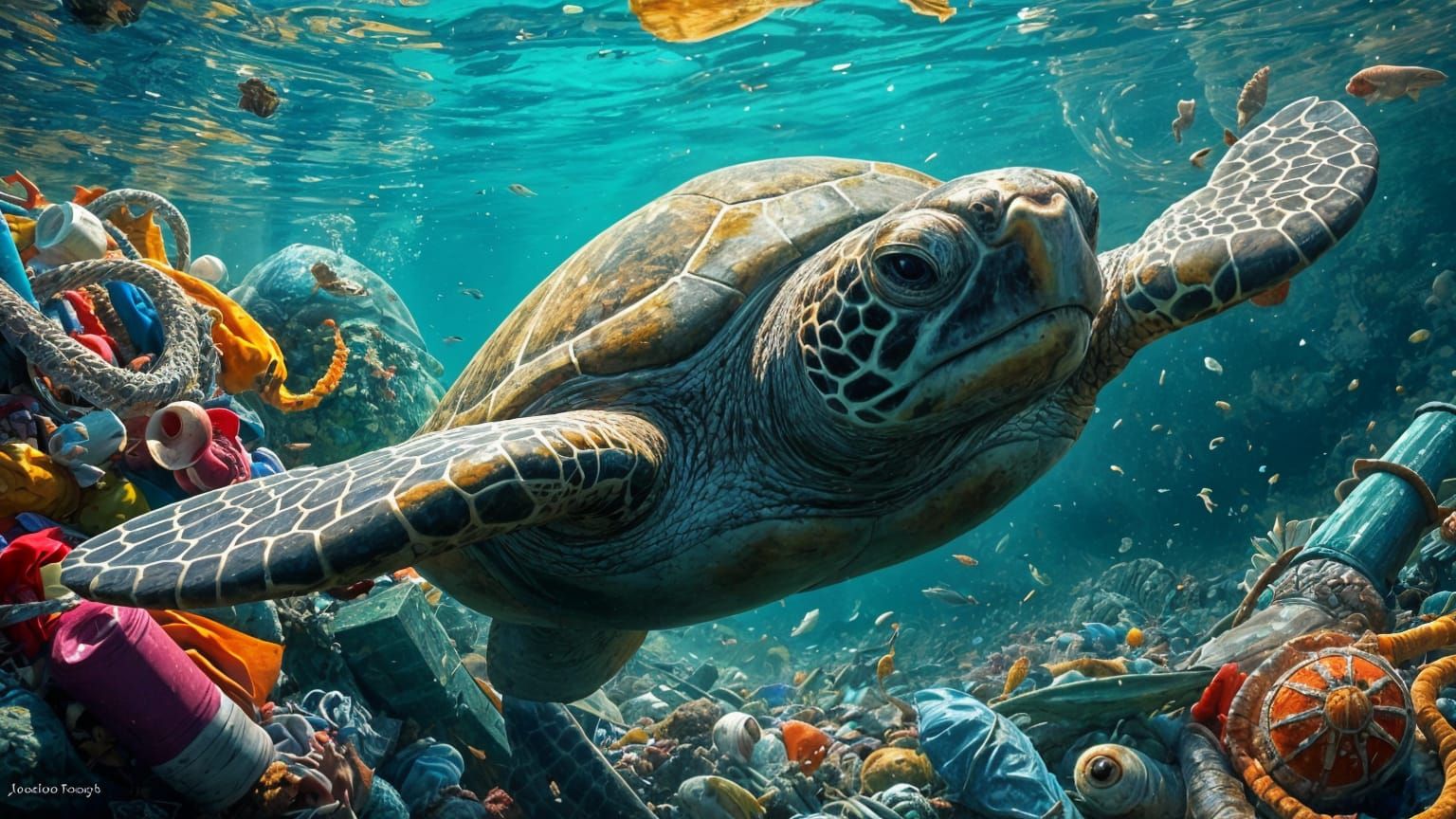 Weathered Sea Turtle in a Polluted Ocean