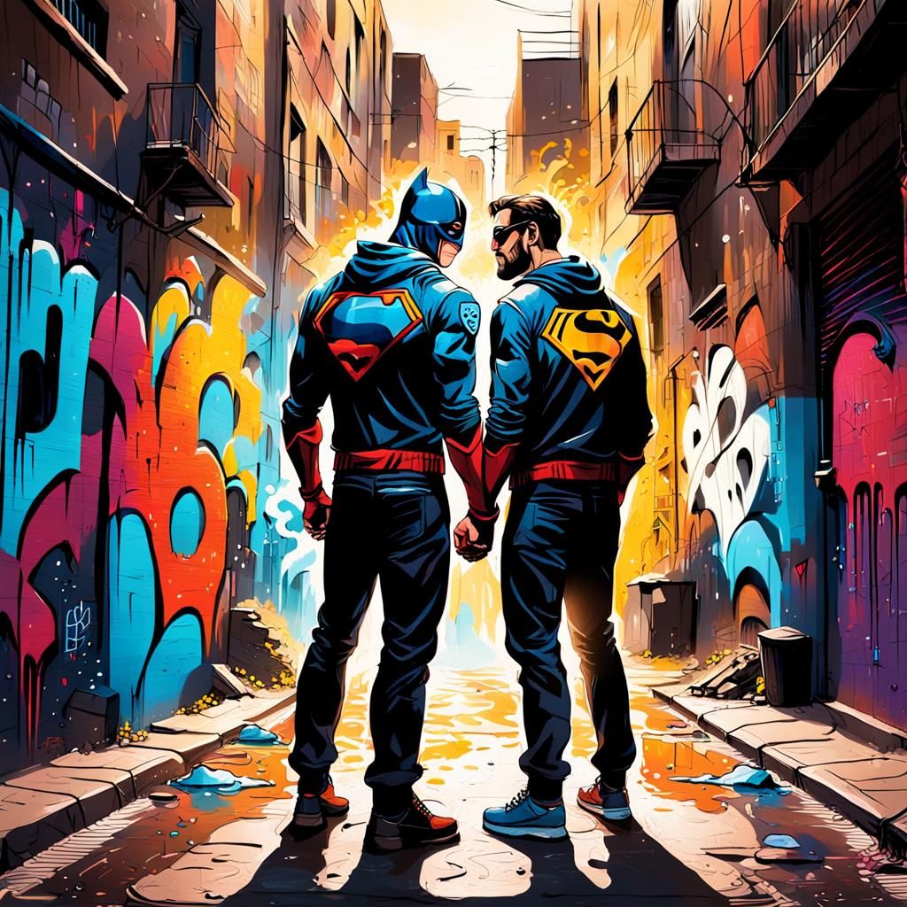 Superhero Lovers Embrace in Vibrant Street Art