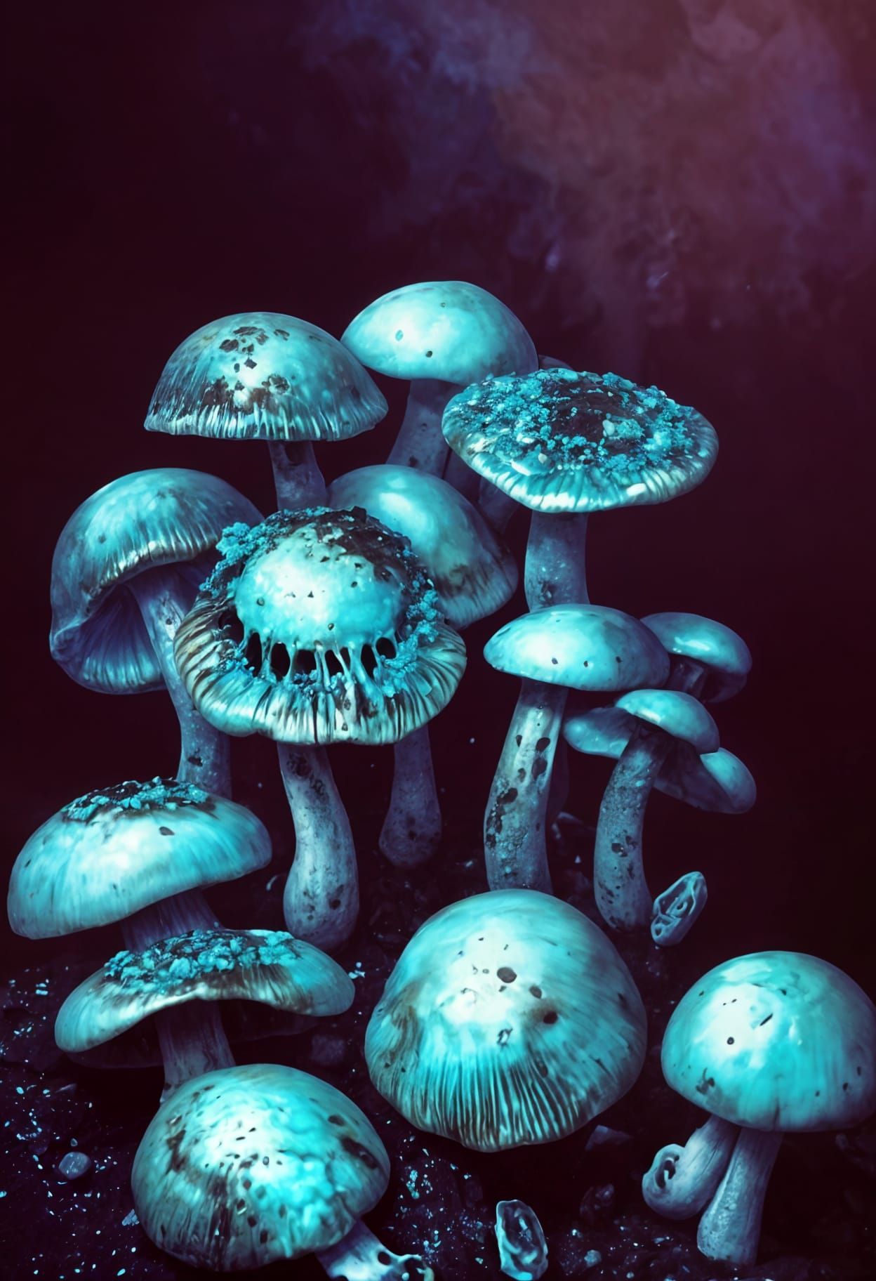 Iridescent Mushrooms in Skull: Arcane Digital Art