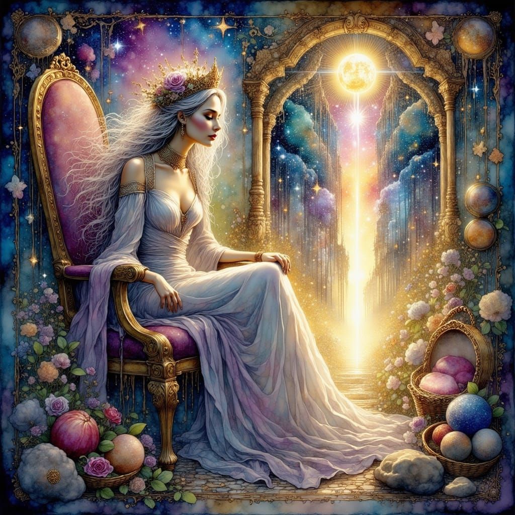 Celestial Empress with Starlight Throne in Art Nouveau Style