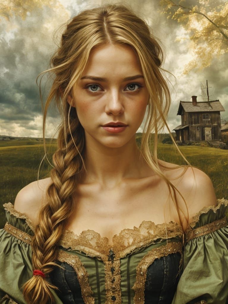 Young Swedish Woman in Vintage Dress, Oil Painting