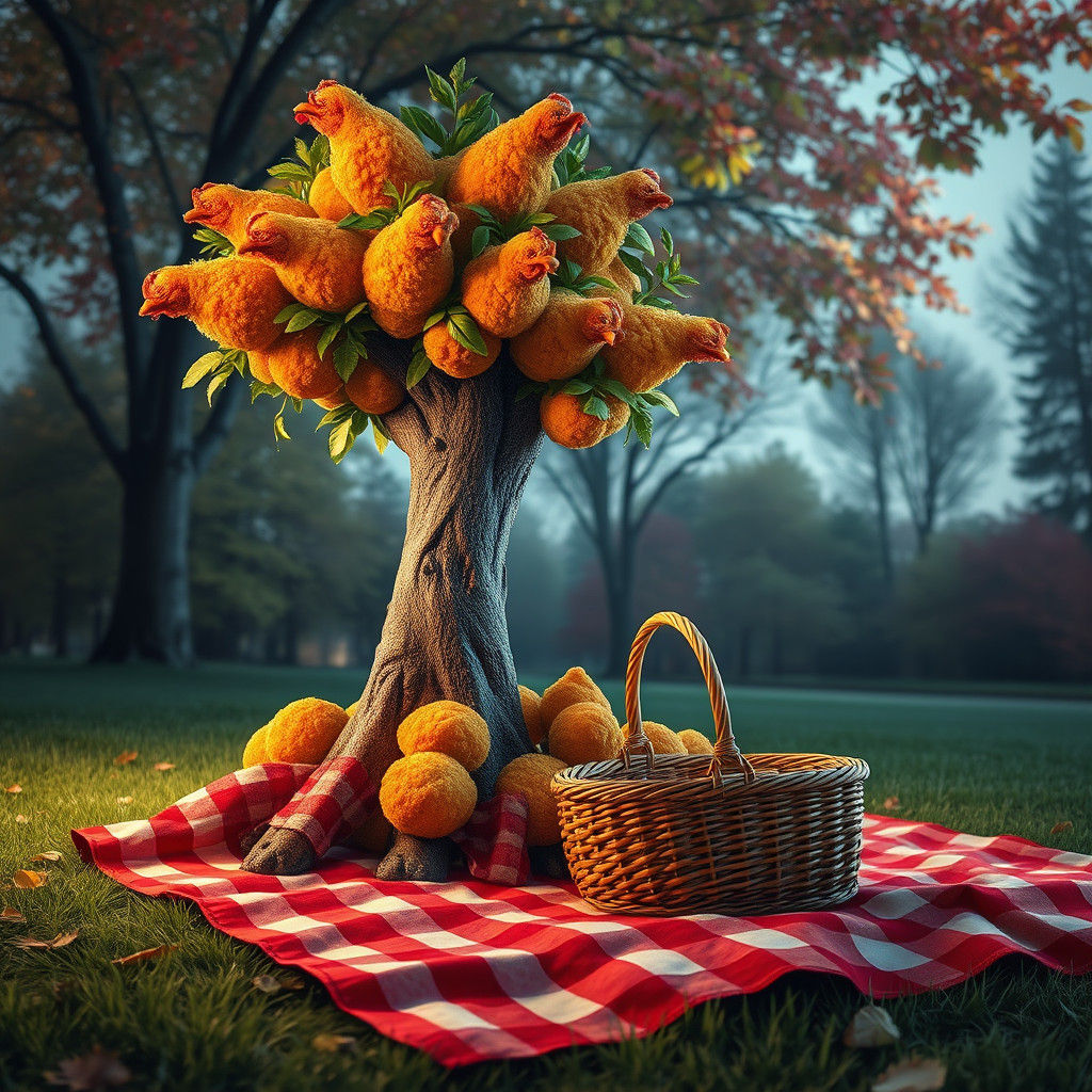 Chicken Nugget Tree in Park: Hyperrealistic Concept Art