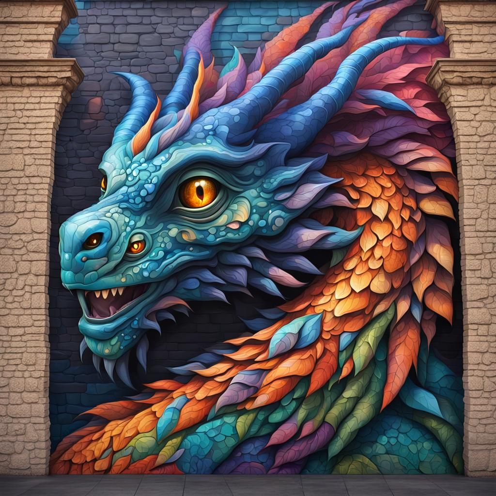 Vibrant Fantasy Creature Mural in Hyperrealistic Style