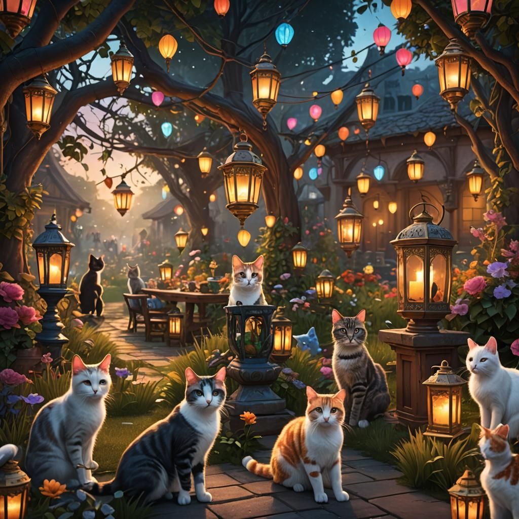 Garden Party of Cats at Dawn: Detailed Matte Painting