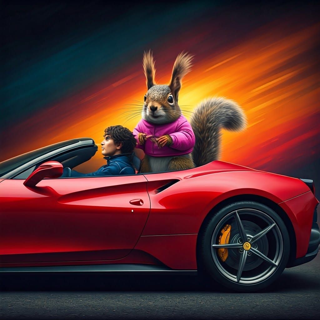 Squirrel in Ferrari Car: Hyperrealistic Concept Art