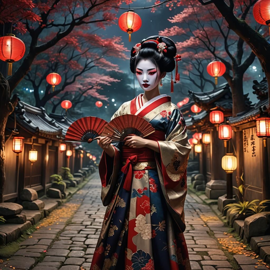 Enchanting Geisha with Fan in Moonlit Forest