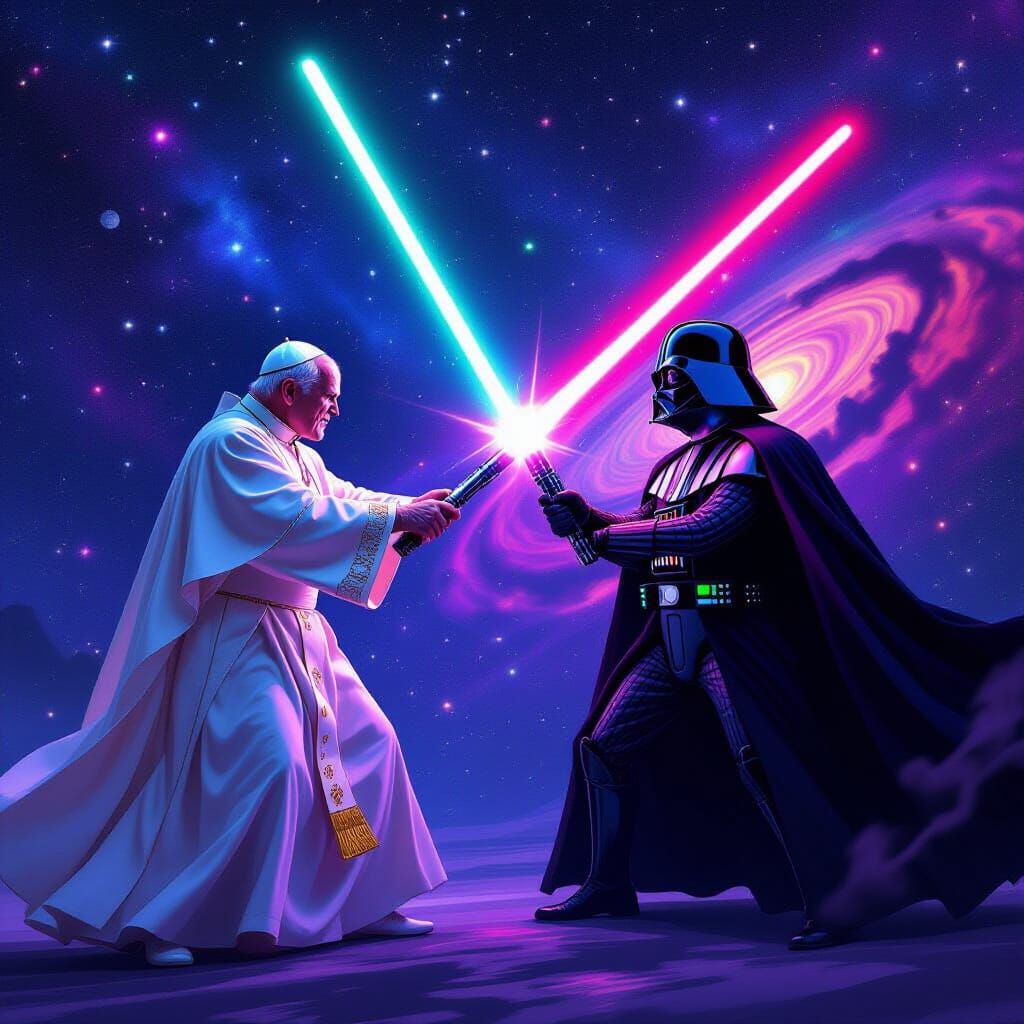 Epic Lightsaber Duel: Pope vs Darth Vader in Space