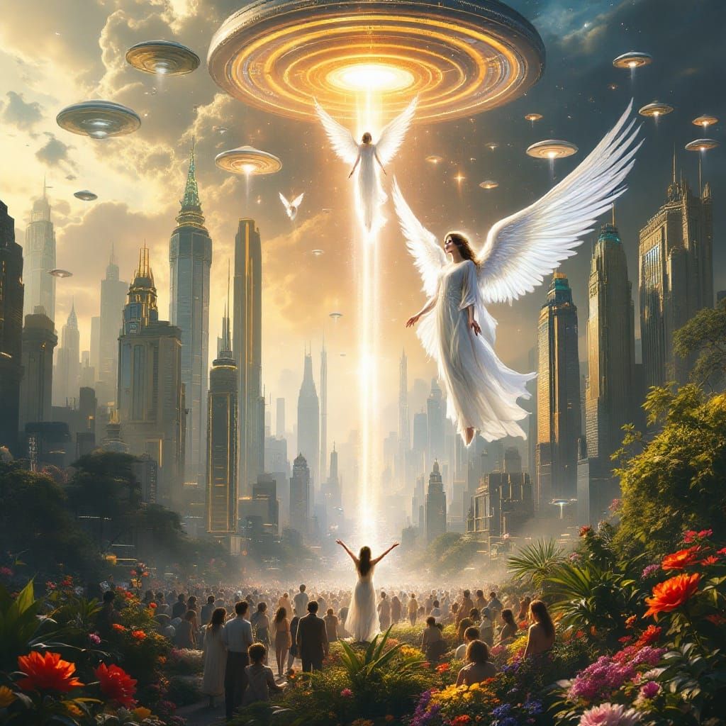 Surreal Futuristic Metropolis in Harmony with Celestial Bein...