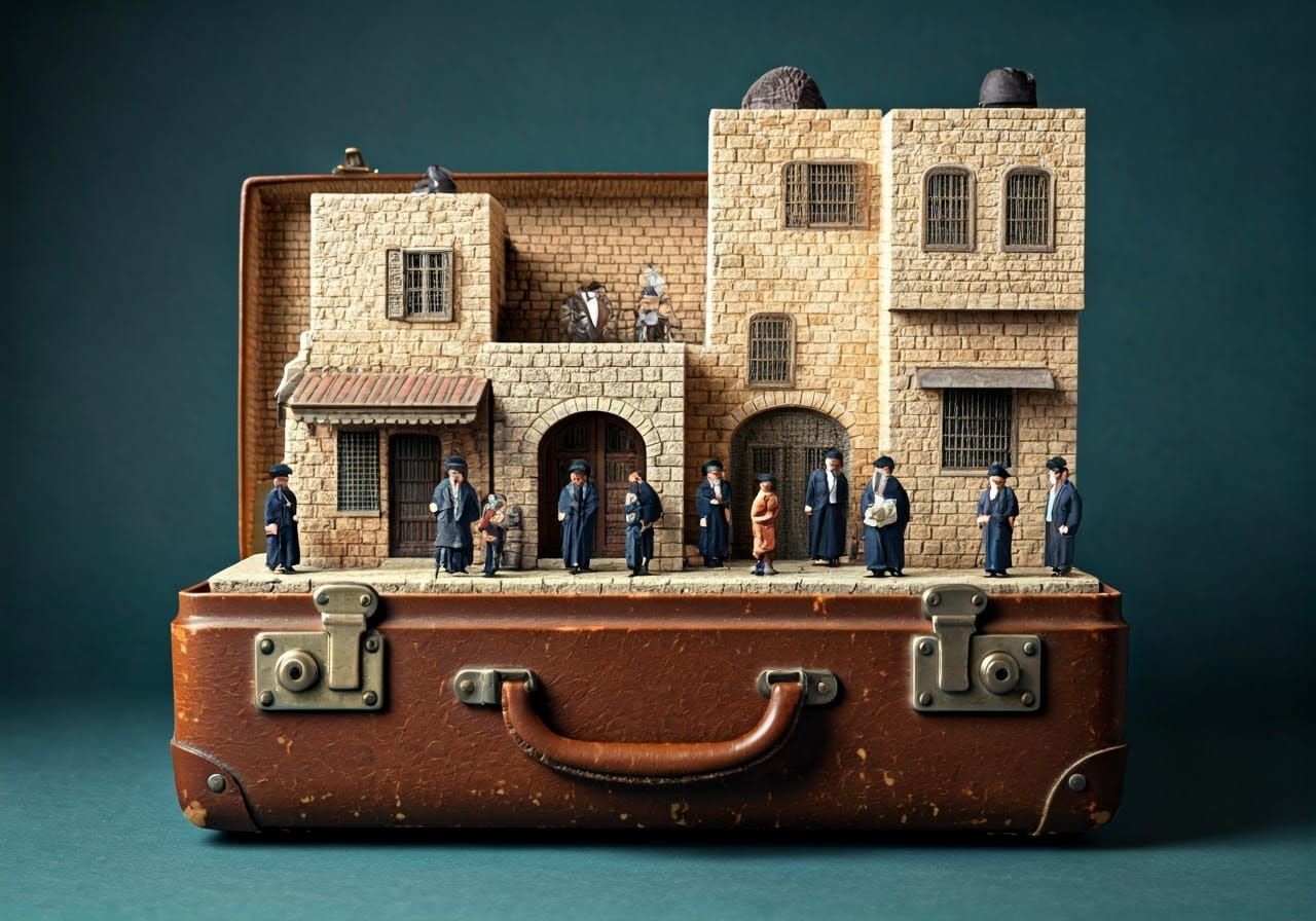 A miniature of the Mea Shearim neighborhood in Jerusalem with Hasidic people and children inside a half-open brown leath...