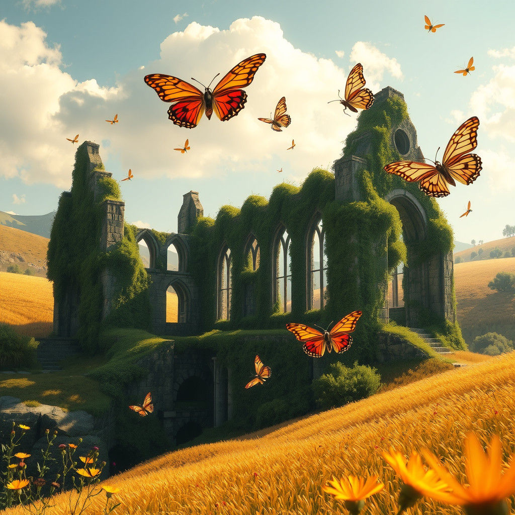 Overgrown Abbey Ruins on Summer Hillside