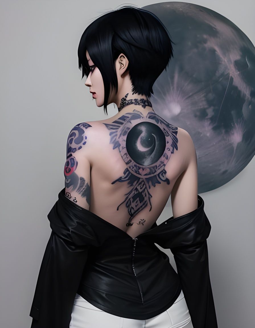 Anime Woman with Crescent Moon Tattoo