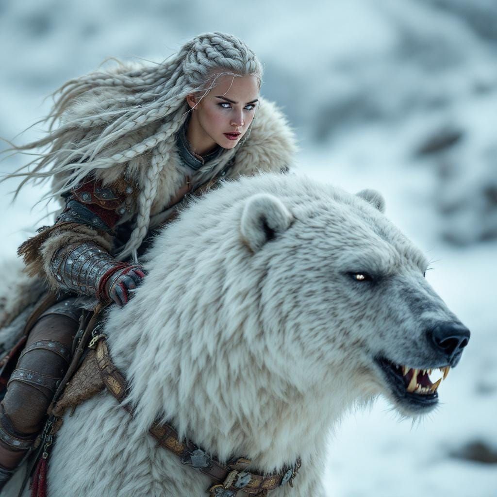 Viking Warrior on White Bear in Snowy Landscape